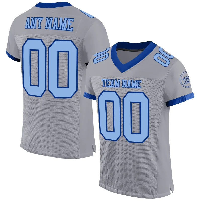 Football Jersey With Stretchable Fabric-Custom Gray Light Blue-Royal Mesh Authentic Football Jersey