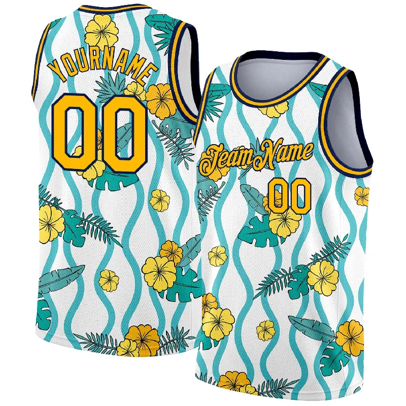 Basketball Jersey With Tournament Logo-Custom White Gold-Navy 3D Pattern Tropical Hawaii Plant And Flower Authentic Basketball Jersey