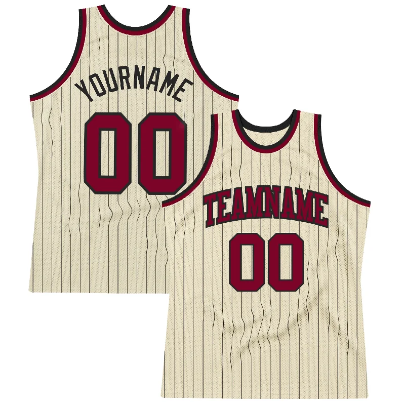 Basketball Jersey With Classic NBA Style-Custom Cream Black Pinstripe Maroon Authentic Basketball Jersey