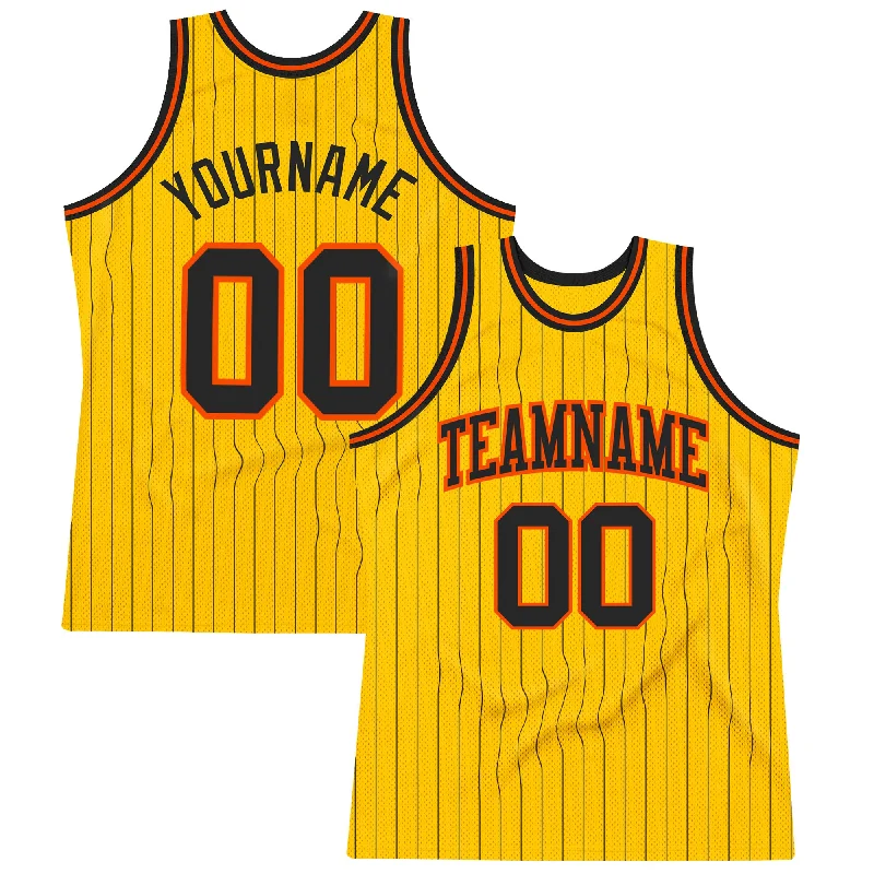 Basketball Jersey With Floral Patterns-Custom Gold Black Pinstripe Black-Orange Authentic Basketball Jersey