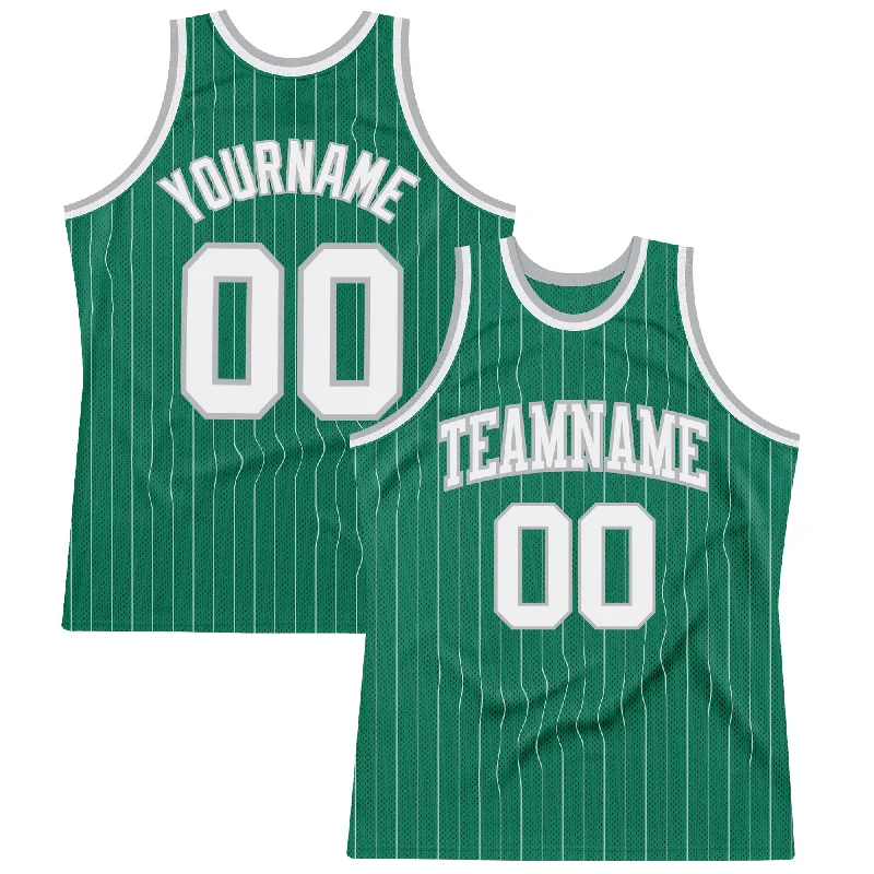 Basketball Jersey With Bold Lettering-Custom Kelly Green White Pinstripe White-Gray Authentic Basketball Jersey