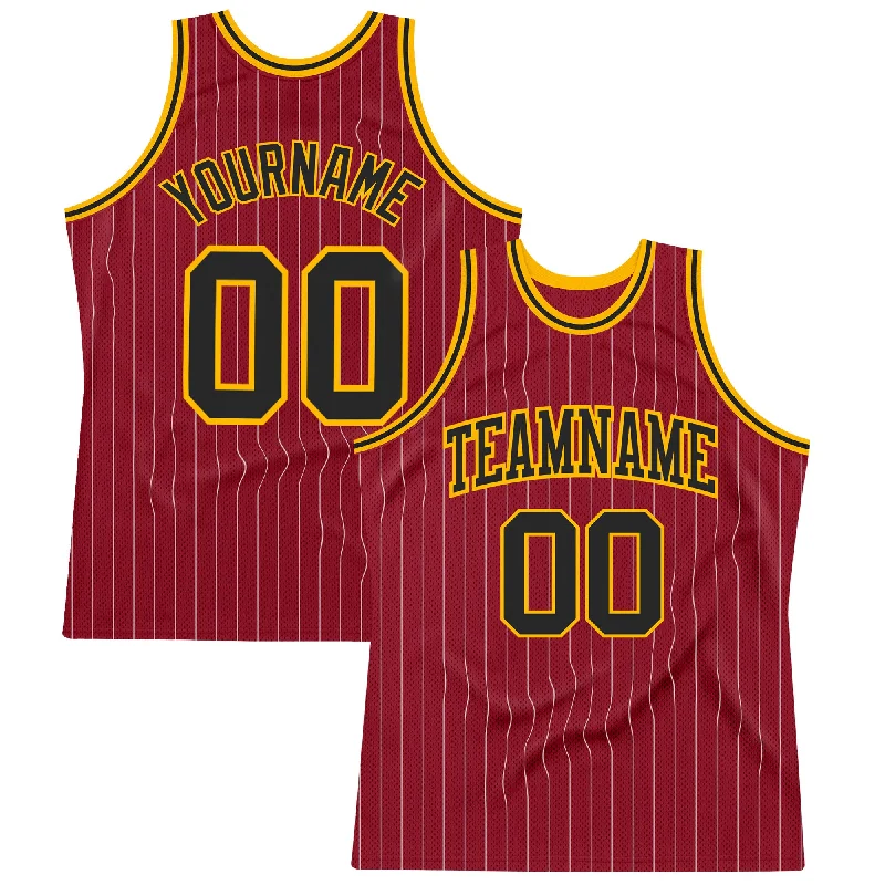 Basketball Jersey For Youth-Custom Maroon White Pinstripe Black-Gold Authentic Basketball Jersey