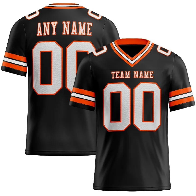 Football Jersey With Glow-In-The-Dark Print-Custom Black White-Orange Mesh Authentic Football Jersey