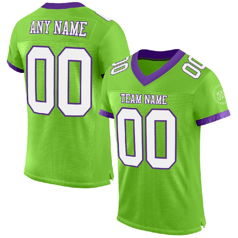 Football Jersey With Smart Fabric Technology-Custom Neon Green White-Purple Mesh Authentic Football Jersey