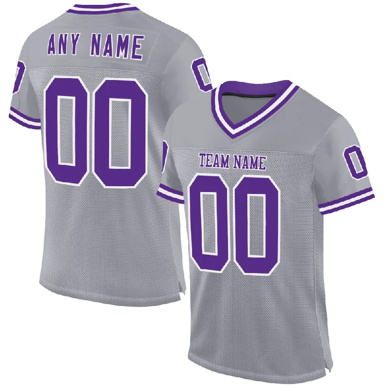 Football Jersey With No-Chafe Seams-Custom Gray Purple-White Mesh Authentic Throwback Football Jersey