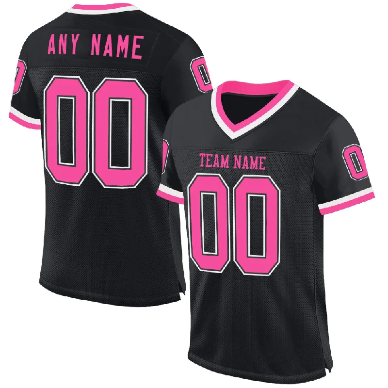 Football Jersey With Sweat-Wicking Tech-Custom Black Pink-White Mesh Authentic Throwback Football Jersey