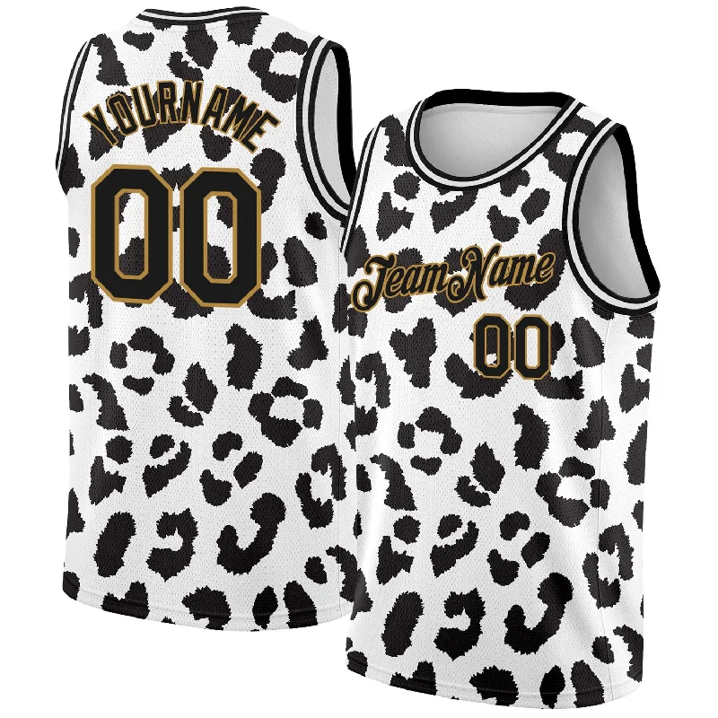 Basketball Jersey With Bold Lettering-Custom White Black-Old Gold 3D Pattern Design Leopard Print Authentic Basketball Jersey