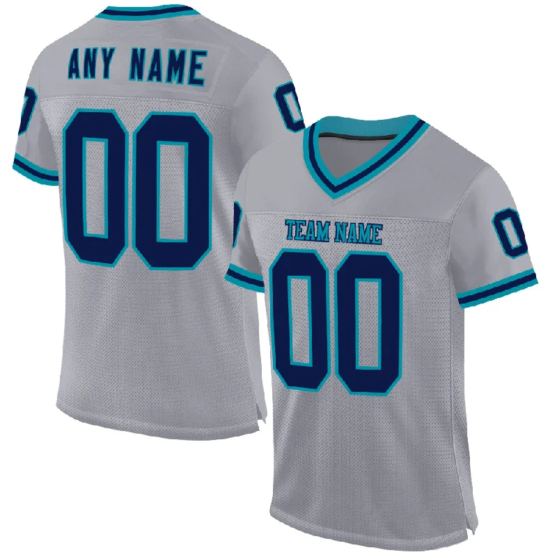 Football Jersey With Embroidery-Custom Gray Navy-Teal Mesh Authentic Throwback Football Jersey