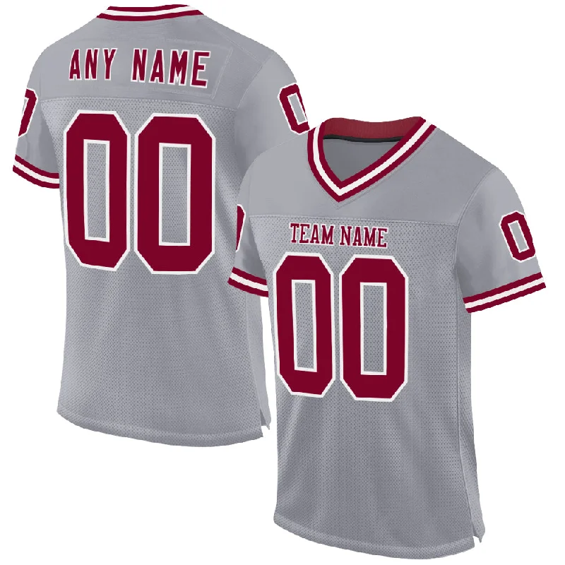 Football Jersey For Winter Training-Custom Gray Maroon-White Mesh Authentic Throwback Football Jersey