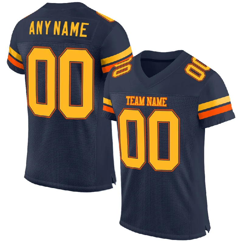 Football Jersey With Temperature Control-Custom Navy Gold-Orange Mesh Authentic Football Jersey