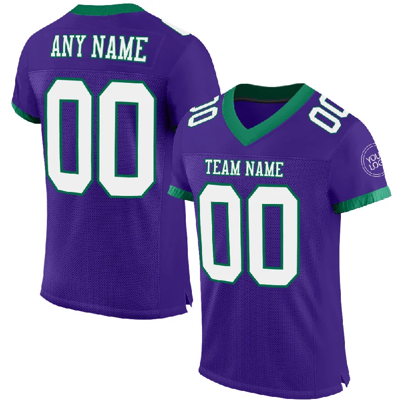 Football Jersey With Mesh Panels-Custom Purple White-Kelly Green Mesh Authentic Football Jersey