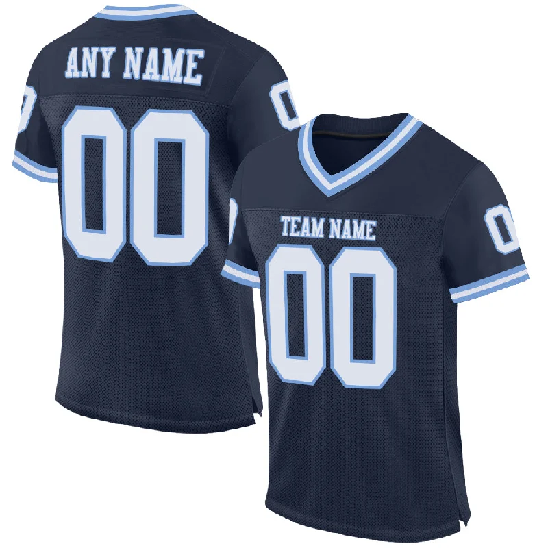 Football Jersey With Team Spirit-Custom Navy White-Light Blue Mesh Authentic Throwback Football Jersey