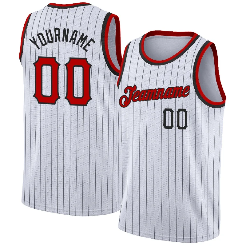 Basketball Jersey With Short Sleeves-Custom White Black Pinstripe Red-Black Authentic Basketball Jersey