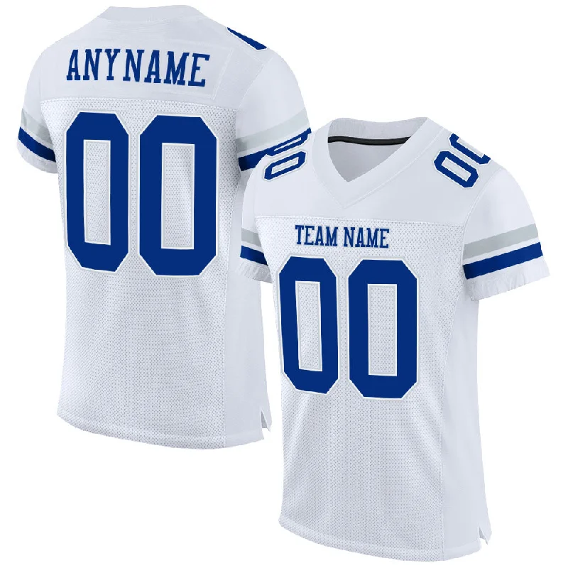 Football Jersey With Organic Cotton Blend-Custom White Royal-Silver Mesh Authentic Football Jersey