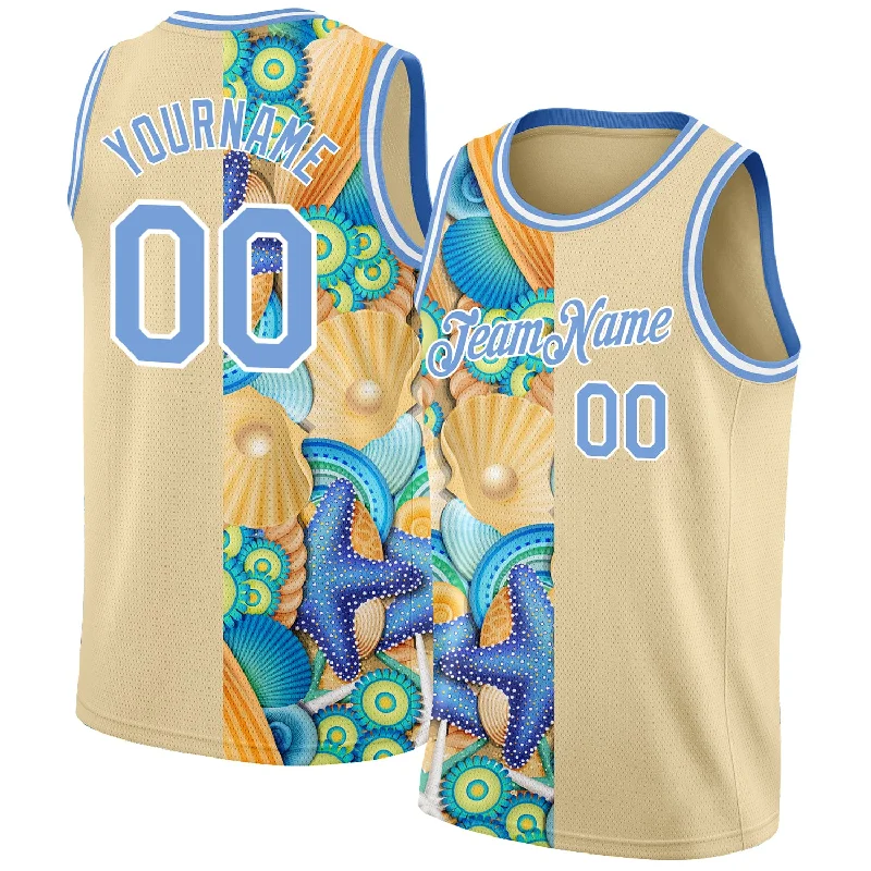 Basketball Jersey With Tear-Resistant Fabric-Custom City Cream Light Blue-White 3D Pattern Beach Seashells And Starfishes Authentic Basketball Jersey