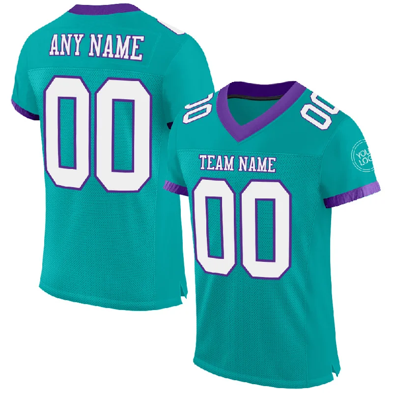 Football Jersey For Toddlers-Custom Aqua White-Purple Mesh Authentic Football Jersey