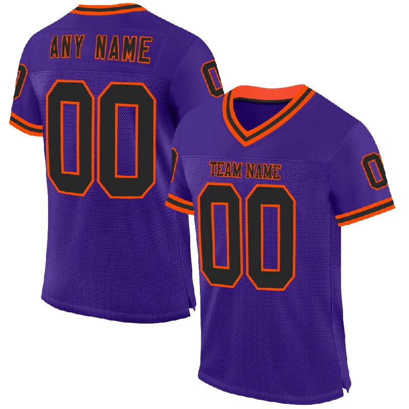 Football Jersey With Padded Shoulders-Custom Purple Black-Orange Mesh Authentic Throwback Football Jersey