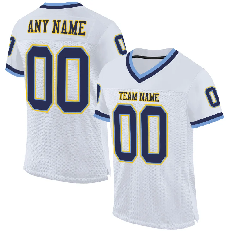 Football Jersey With Classic Fit-Custom White Navy-Light Blue Mesh Authentic Throwback Football Jersey