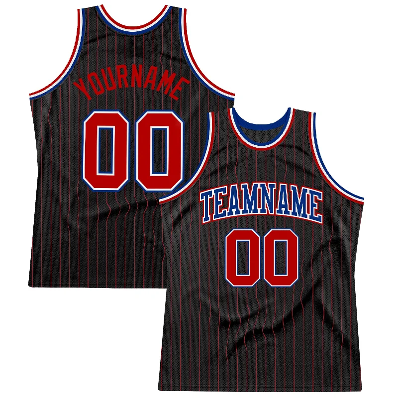 Basketball Jersey With Graffiti Design-Custom Black Red Pinstripe Red-Royal Authentic Basketball Jersey