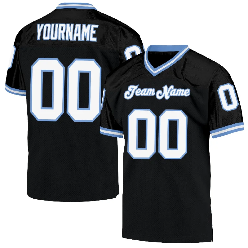 Football Jersey With Classic NFL Style-Custom Black White-Light Blue Mesh Authentic Throwback Football Jersey