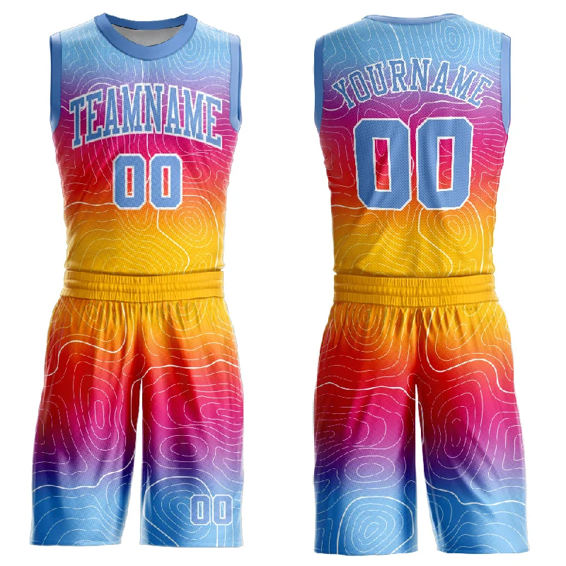 Basketball Jersey With Comic Book Graphics-Custom Gold Light Blue-White Round Neck Sublimation Basketball Suit Jersey