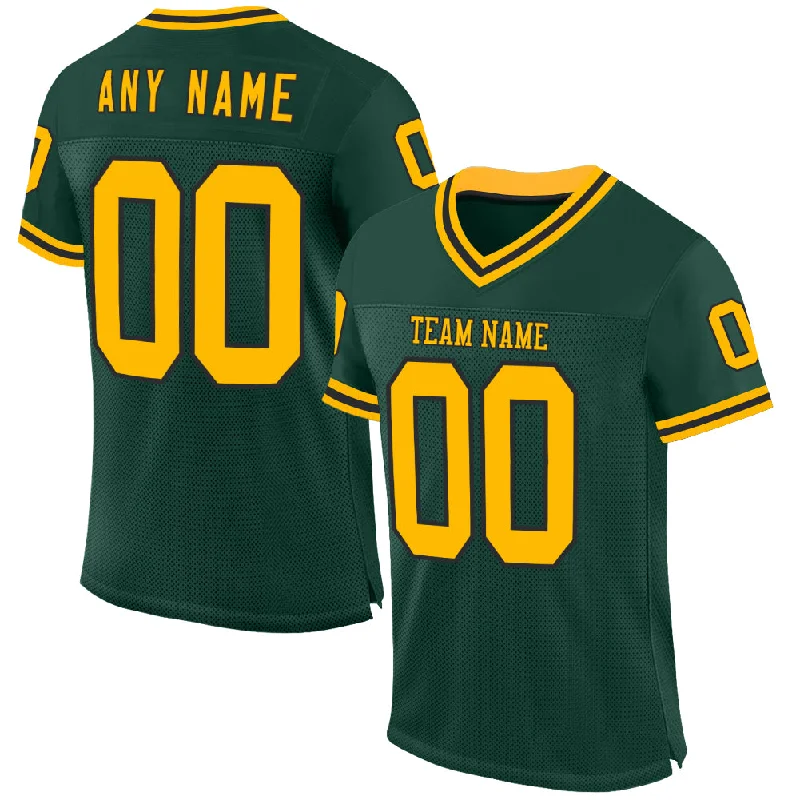 Football Jersey With Round Neck-Custom Green Gold-Black Mesh Authentic Throwback Football Jersey