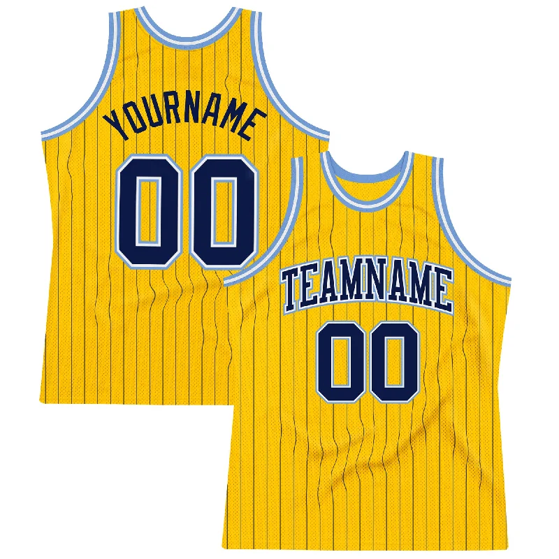 Basketball Jersey With Funny Slogans-Custom Gold Navy Pinstripe Navy-Light Blue Authentic Basketball Jersey