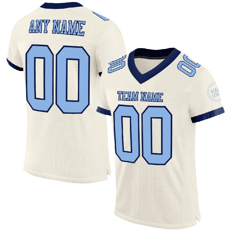 Football Jersey With Player Tribute-Custom Cream Light Blue-Navy Mesh Authentic Football Jersey