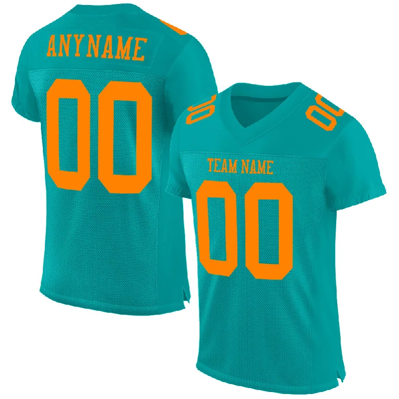 Football Jersey With Compression Fit-Custom Aqua Bay Orange Mesh Authentic Football Jersey