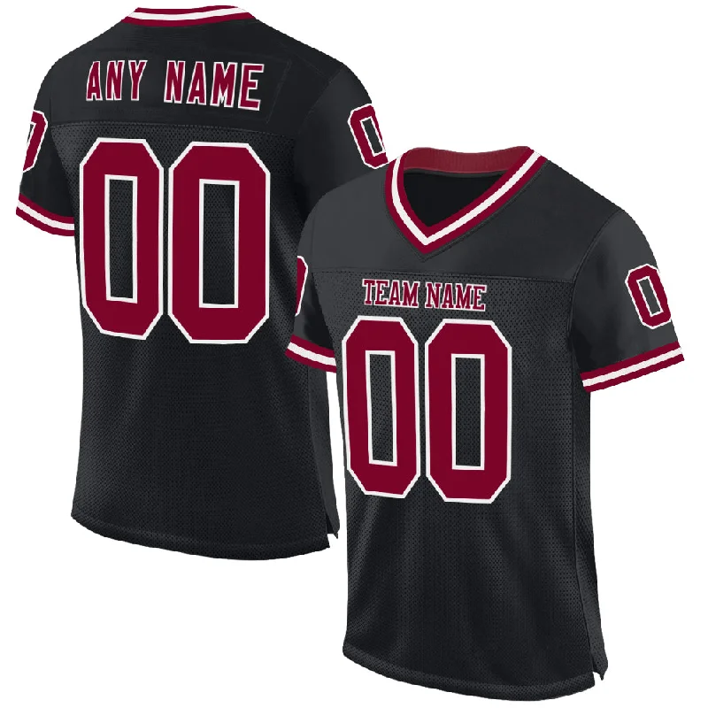 Football Jersey With Heat-Pressed Graphics-Custom Black Maroon-White Mesh Authentic Throwback Football Jersey