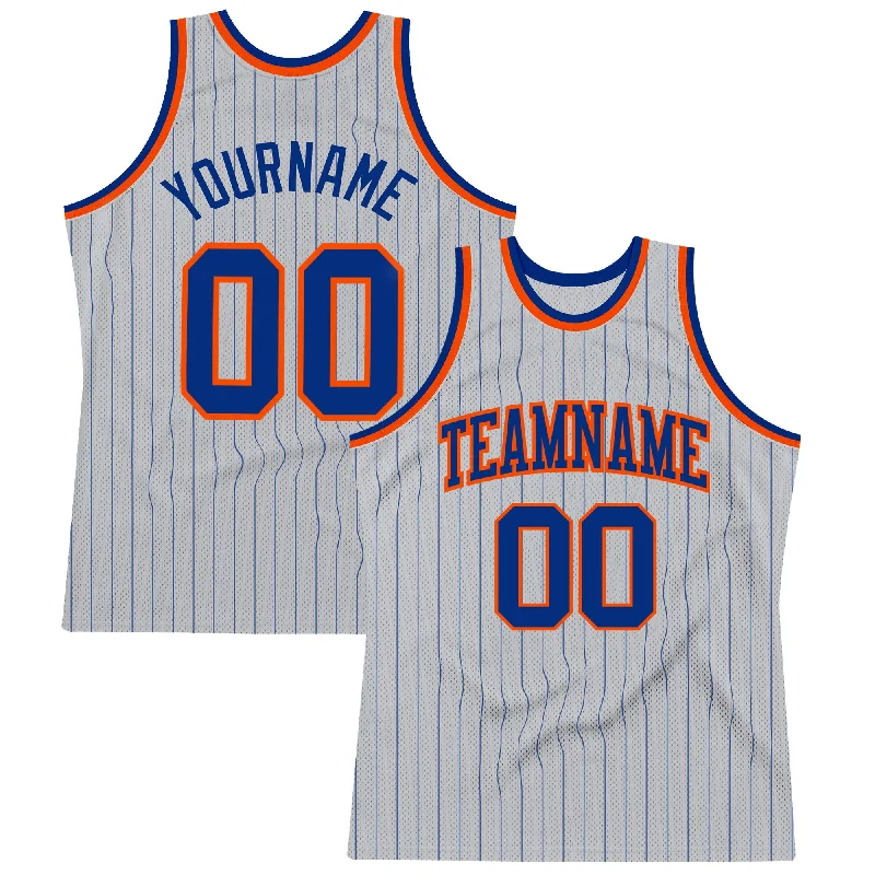 Basketball Jersey With Metallic Numbers-Custom Gray Royal Pinstripe Royal-Orange Authentic Basketball Jersey