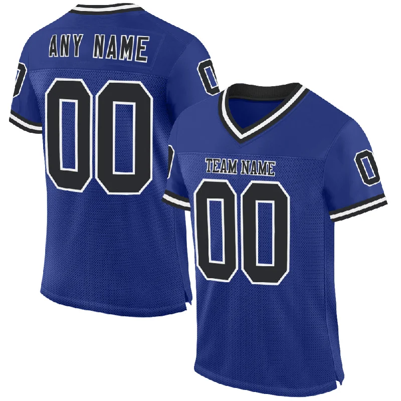 Football Jersey With Smart Fabric Technology-Custom Royal Black-White Mesh Authentic Throwback Football Jersey