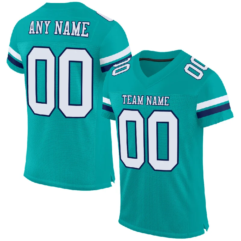 Football Jersey With Fade-Resistant Print-Custom Aqua White-Navy Mesh Authentic Football Jersey