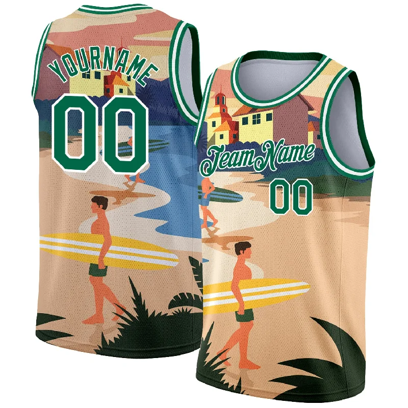 Basketball Jersey With Classic Pinstripes-Custom Sand Kelly Green-White 3D Pattern Tropical Beach Hawaii Palm Trees Authentic Basketball Jersey