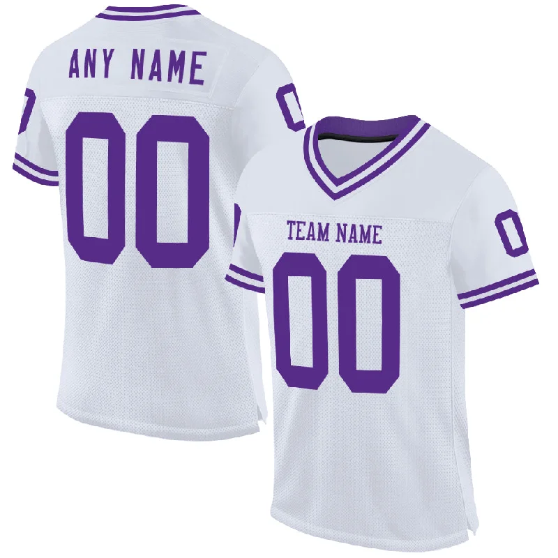 Football Jersey With No-Chafe Seams-Custom White Purple Mesh Authentic Throwback Football Jersey