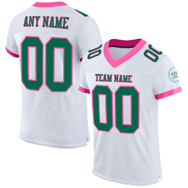 Football Jersey With Organic Cotton Blend-Custom White Kelly Green-Pink Mesh Authentic Football Jersey