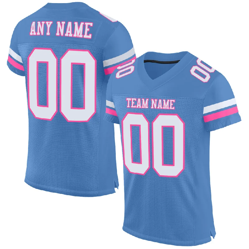 Football Jersey With Tribal Designs-Custom Powder Blue White-Pink Mesh Authentic Football Jersey