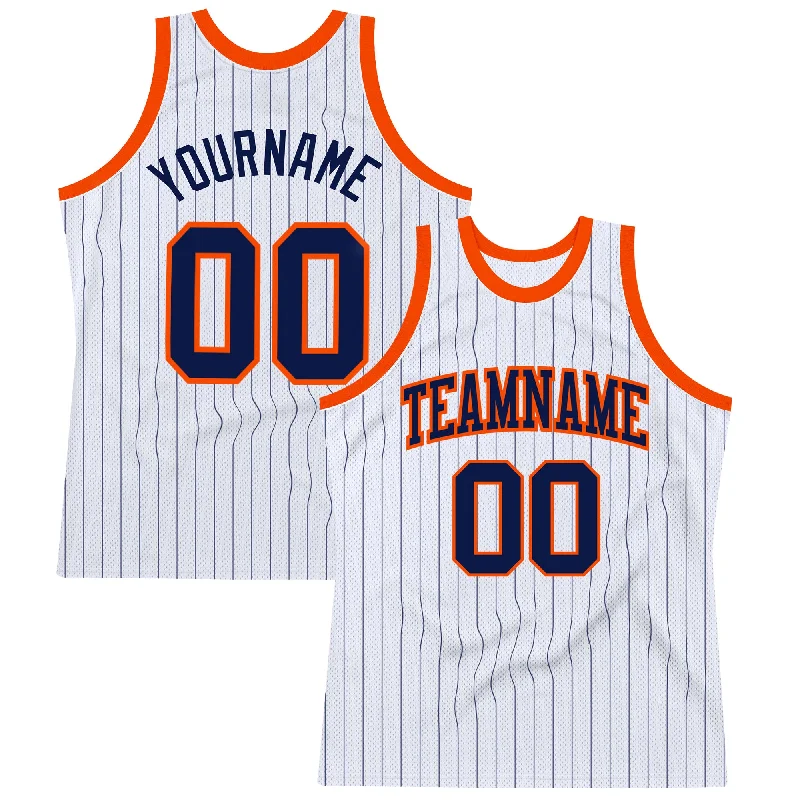 Basketball Jersey With Reinforced Seams-Custom White Navy Pinstripe Navy-Orange Authentic Basketball Jersey