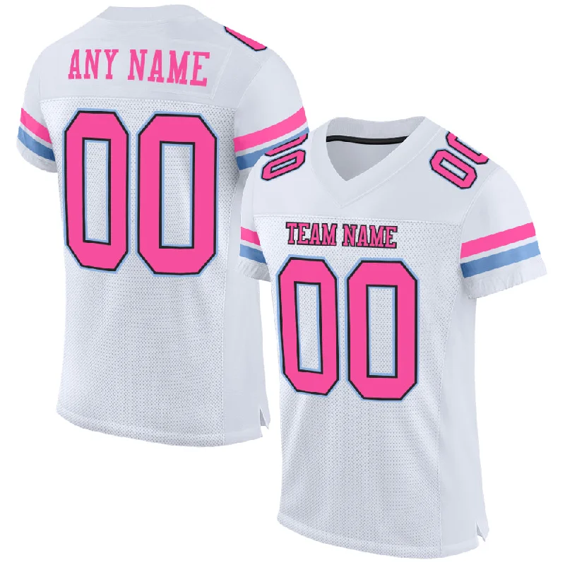 Football Jersey With Classic Pinstripes-Custom White Pink Black-Light Blue Mesh Authentic Football Jersey