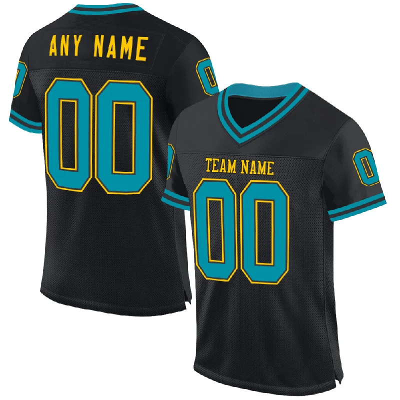 Football Jersey With Quick-Dry Material-Custom Black Teal-Yellow Mesh Authentic Throwback Football Jersey