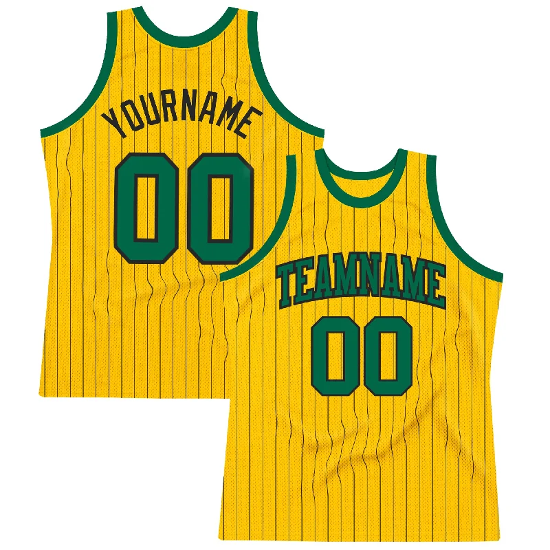 Basketball Jersey For Centers-Custom Gold Black Pinstripe Kelly Green Authentic Basketball Jersey