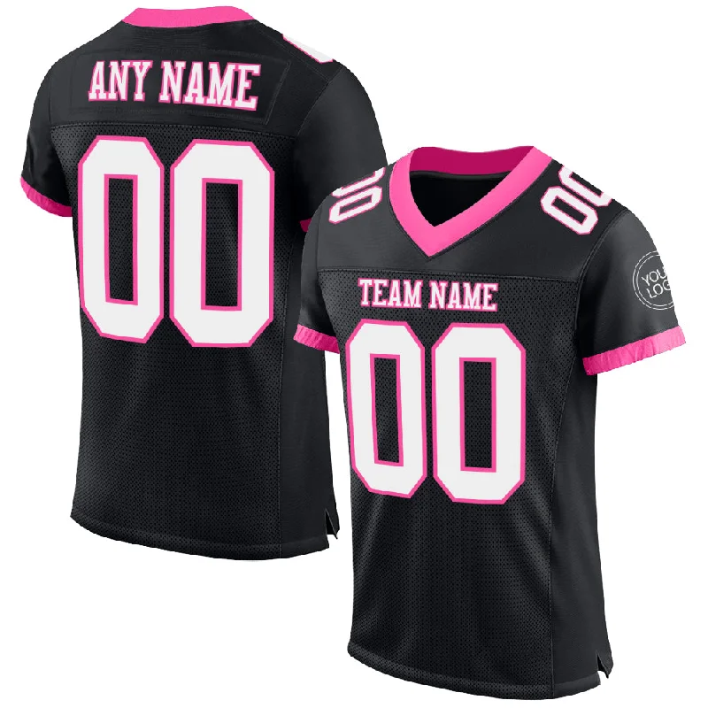 Football Jersey For Practice-Custom Black White-Pink Mesh Authentic Football Jersey