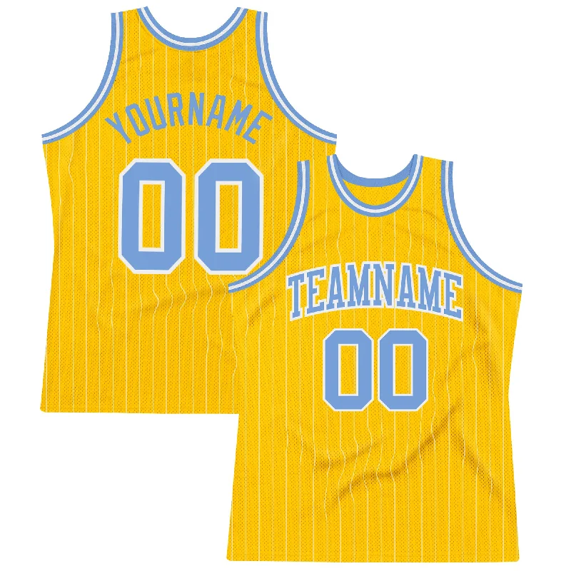 Basketball Jersey For Short Players-Custom Gold White Pinstripe Light Blue Authentic Basketball Jersey