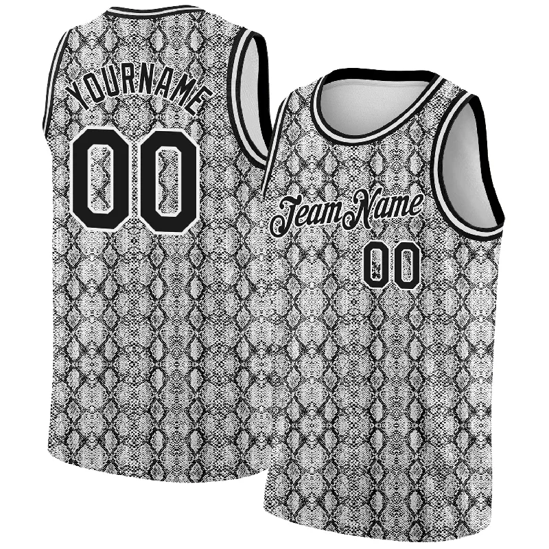 Basketball Jersey With Silicone Patch-Custom Black White 3D Pattern Design Snakeskin Authentic Basketball Jersey