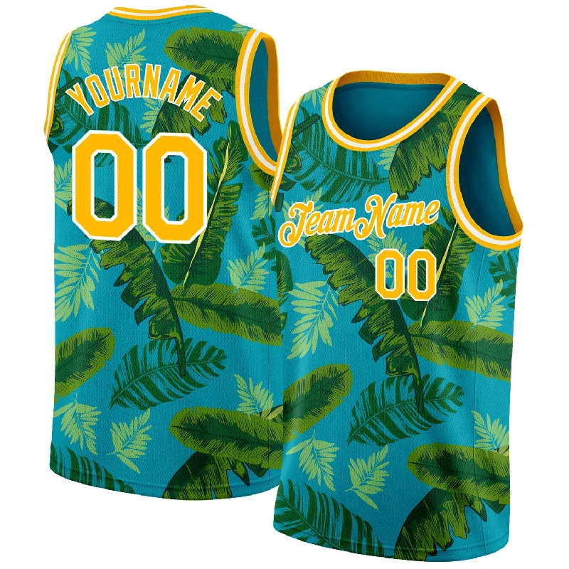 Basketball Jersey With Ultra-Lightweight Feel-Custom Teal Gold-White 3D Pattern Tropical Hawaii Leaves Authentic Basketball Jersey