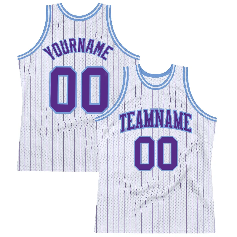 Basketball Jersey With Embroidery-Custom White Purple Pinstripe Purple-Light Blue Authentic Basketball Jersey