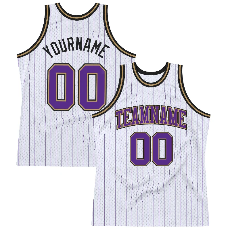 Basketball Jersey With Temperature Control-Custom White Purple Pinstripe Purple Old Gold-Black Authentic Basketball Jersey