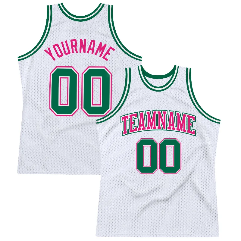 Basketball Jersey With Built-In Tank Top-Custom White Kelly Green-Hot Pink Authentic Throwback Basketball Jersey