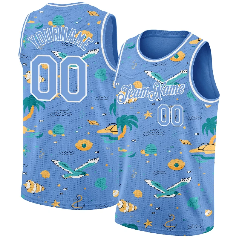 Basketball Jersey With Hip-Hop Vibe-Custom Light Blue White 3D Pattern Hawaii Beach Palm Trees Authentic Basketball Jersey