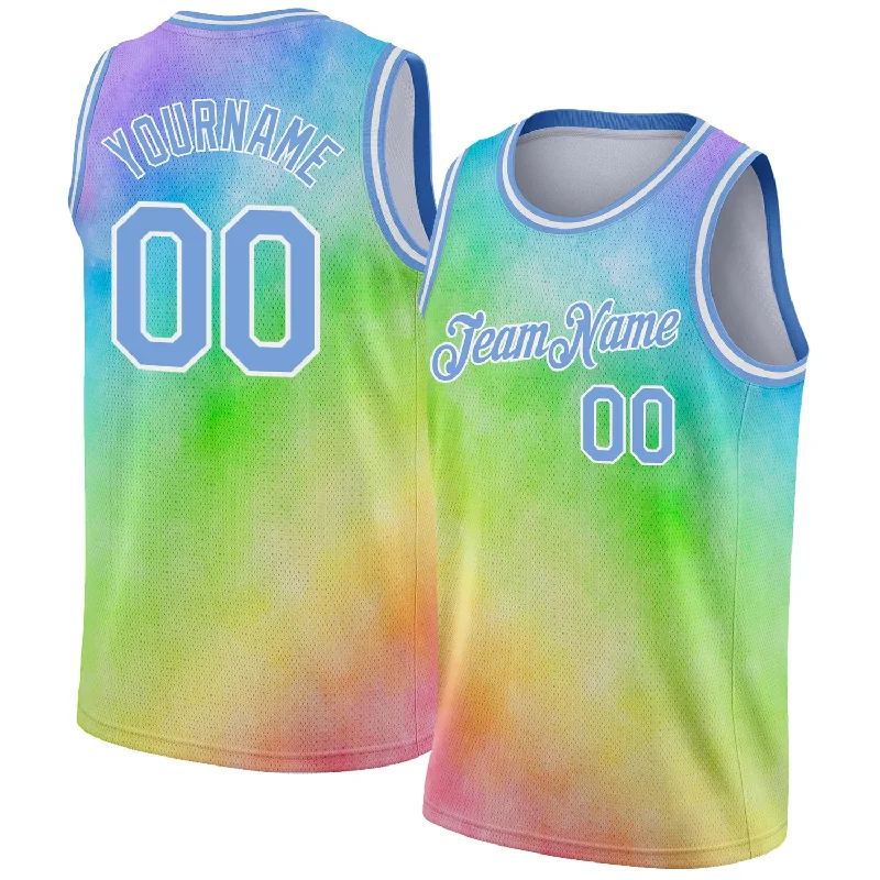 Basketball Jersey With Metallic Foil Details-Custom Tie Dye Light Blue-White 3D Rainbow Authentic Basketball Jersey